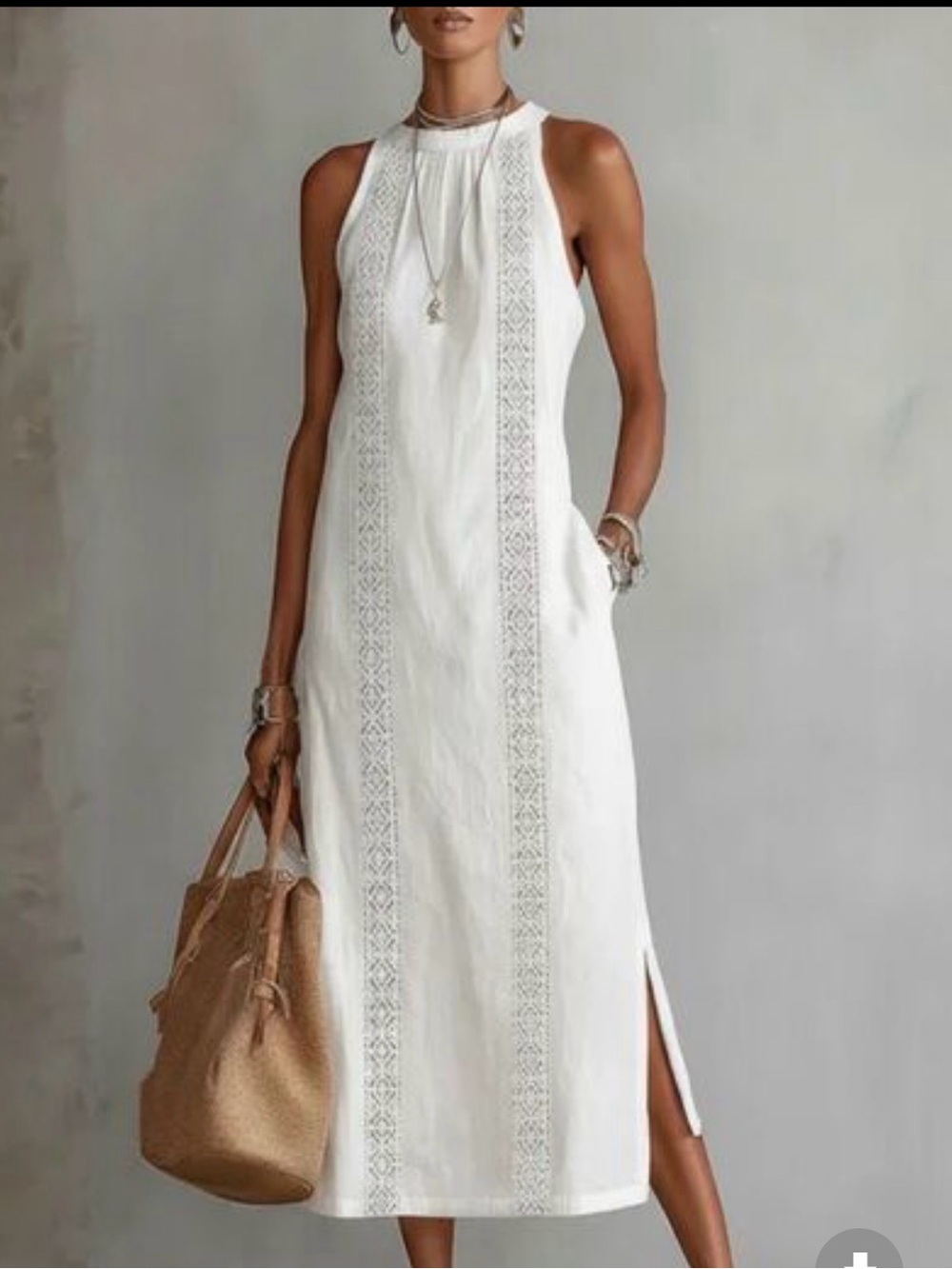 Sleeveless White Maxi Dress with Lace-Trim Panels
